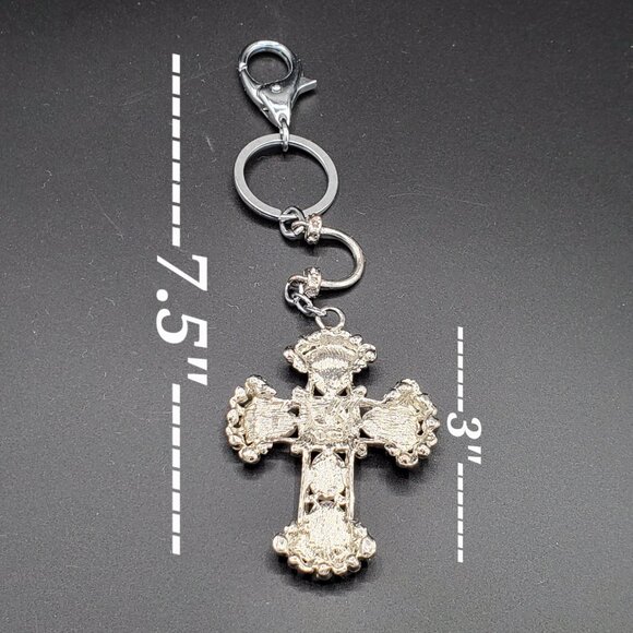 Key Chain Clip-On Rhinestone Silver Cross - Picture 3 of 4